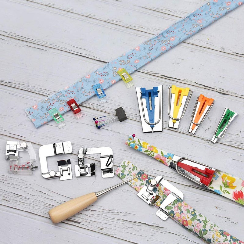 LUNARM Bias Tape Tool Kit with Instruction, 5 Sizes Bias Tape Maker (6mm 9mm 12mm 18mm 25mm) with 4 Pcs Sewing Machine Presser Foot, Sewing Clips, Ball Point Pins, Awl, for Fabric Sewing and Quilting - Image 3
